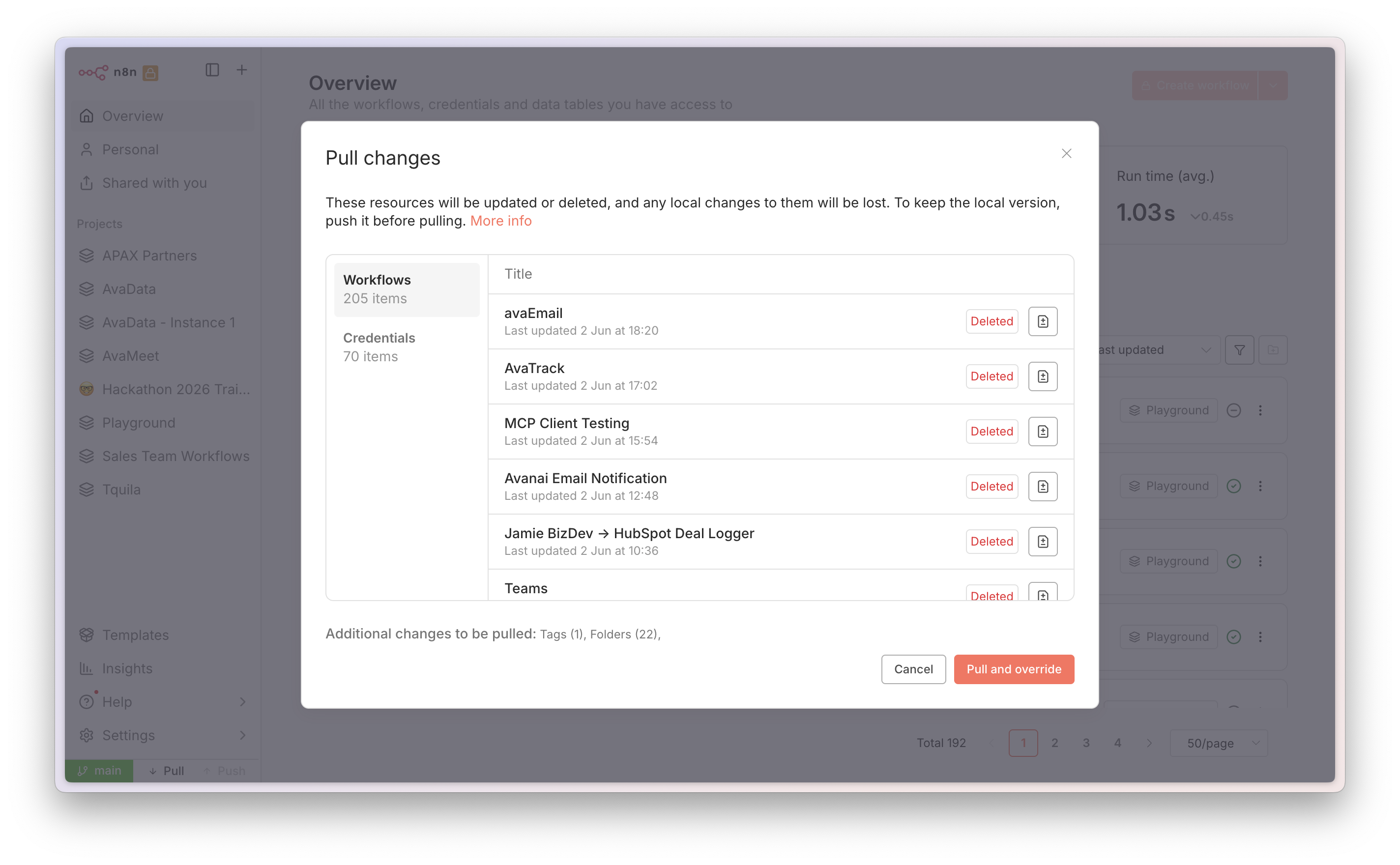 n8n workflow selector dialog for push/pull